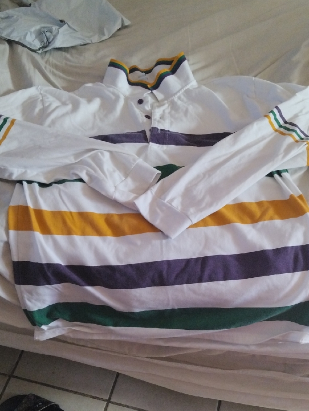 Men's White Rugby Polo with Yellow, Purple & Green Stripes